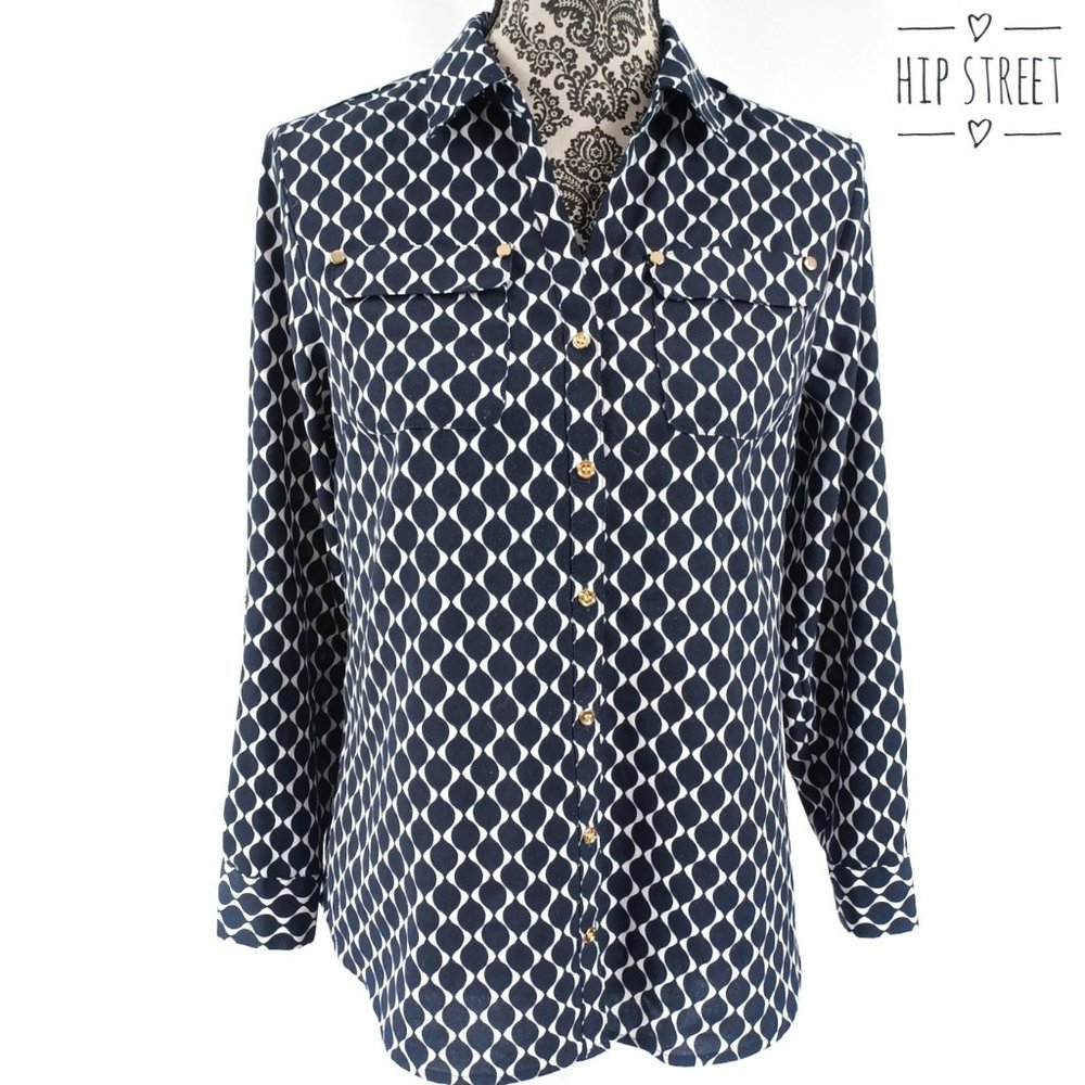CHARTER CLUB PETITE Optic Art Print Button Front Roll Tab LS Blouse Shirt PS